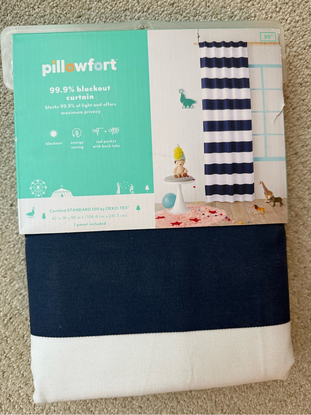 pillowfort Kids' Navy and White Striped 99% Blackout Curtain Panel (1) 42” x 95”